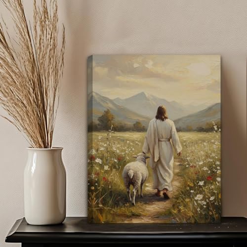 Jesus Leaves The 99 Sheep Canvas Wall Art Jesus and Lamb Posters Prints - size: 18"L x 12"W