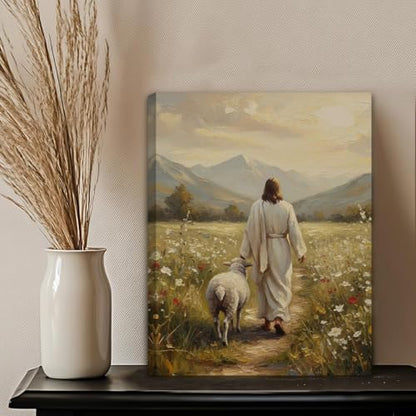 Jesus Leaves The 99 Sheep Canvas Wall Art Jesus and Lamb Posters Prints - size: 18"L x 12"W