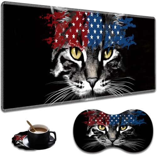 Ergonomic American Flag Cat Extended Mouse Pad 31.5" x 11.8" Set, with Wrist Rest & Lace Coasters, Pain Relief Design, Non-Slip Desk Mat for Home & Gaming - color: American Flag Cat