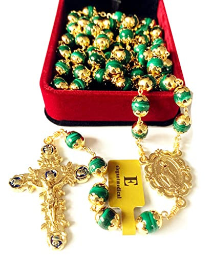 elegantmedical HANDMADE UNDOUBTED Malachite GOLD Rosary Prayer Beads Necklace Catholic Gift & Box