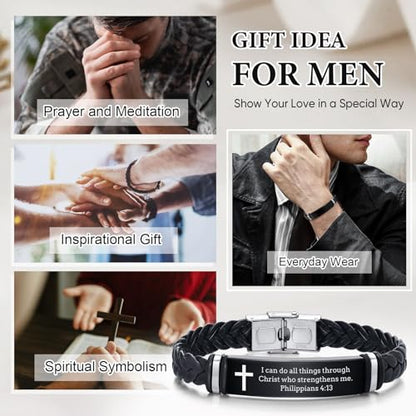 Leather Bracelet Sobriety Gifts for Men : Inspirational Quote/Bible Verse Engraved Braided Black Mens Bracelet for Him, Customized Religious Christian Gift Jewelry for Son/Dad/Boys/Boyfriend/Husband - style: 02:I can do all things through Christ