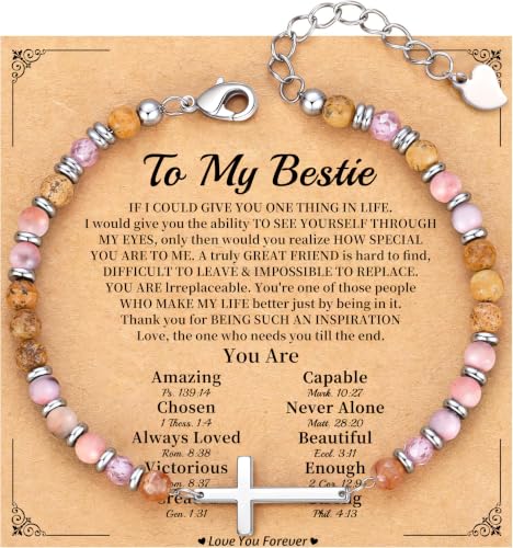 Cross Bracelet for Women, Christian Gifts for Women 2026 Stocking Stuffers for Teens Her Bead Bracelet Adjustable Gemstone Faith Religious Confirmation Communion Bracelet for Best Friend Mom Faith Birthday Anniversary Jewelry - color: Pink- Bestie