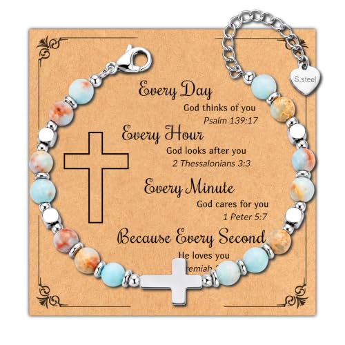 Bracelet for Women Natural Stone Beaded, Stainless Steel Charms, Adjustable - color: 3-Cross