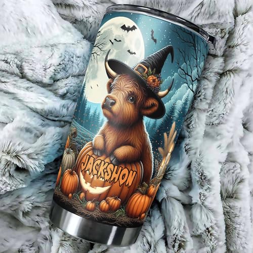 Personalized Highland Cow Halloween Tumbler Custom Name Cows Travel Mug Coffee Insulated Cup with Lid Stainless Steel 20Oz 30Oz Gifts for Women Men Girls Spooky Season - color: Halloween 569