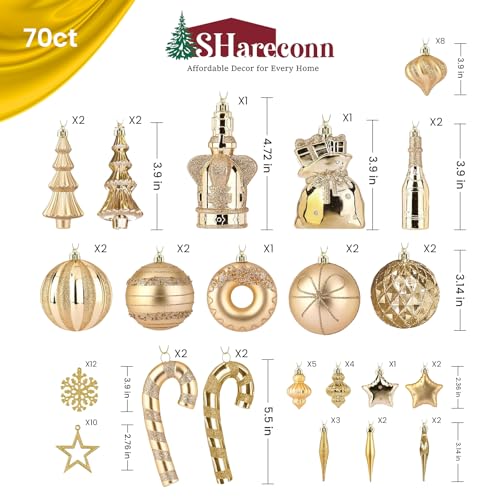 SHareconn 70pcs 2025 Classic Christmas Balls Ornaments Set, Shatterproof Plastic Baubles, Ribbon and Tree Topper for Xmas Tree Holiday Wedding Party Decorations with Hanging Strings, Champagne Gold - color: Black, Champagne Gold