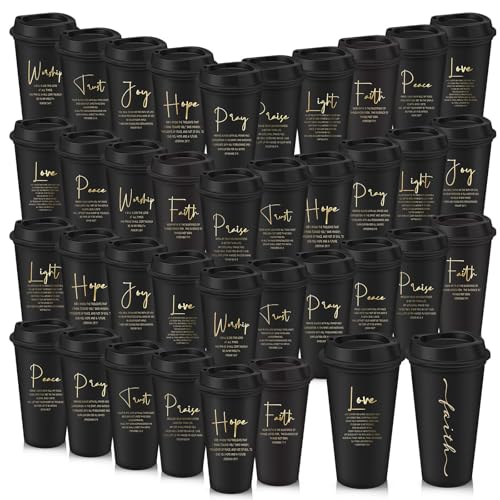 LemonRoad 40 Pcs Christian Gifts for Women Men 16 oz Christian Plastic Coffee Cups with Lids Double Sided Scripture Bible Verse Religious Tumblers Mugs for Church Appreciation Gifts(Black Color) - color: Black Color