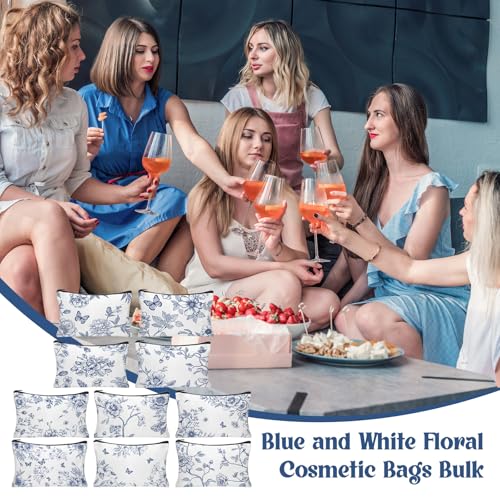30Pcs Blue and White Floral Makeup Bag Floral Cosmetic Bags Bulk for Women Chinoiserie Wildflower Canvas Travel Toiletry Pouch for Bridesmaids Wedding Bridal Shower Birthday Party Supplies - style: Blue Floral