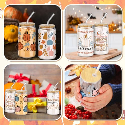 SiliFine 6 Pcs Fall Pumpkin Glass Cups, 16 oz with Lids and Straws - style: Harvest