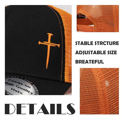 Christian Hats for Men Women,Jesus 3 Nail Cross Hat Christian Religious Gifts for Birthday/Christmas - color: 08.black-orange