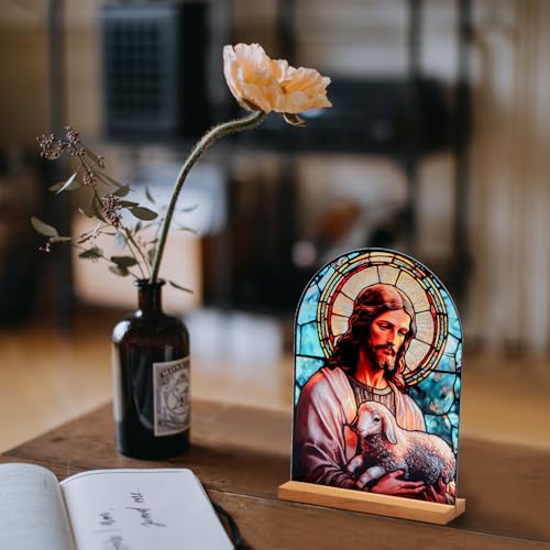 KOMI Jesus and Lamb Catholic Ornament Statue Tabletop Decor Acrylic Standing Desk Sign Home Altar Decor Christian Gifts