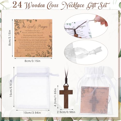 Ecation 24 Set Wooden Cross Necklace Bulk 24 Prayer Card 24 Organza Bag