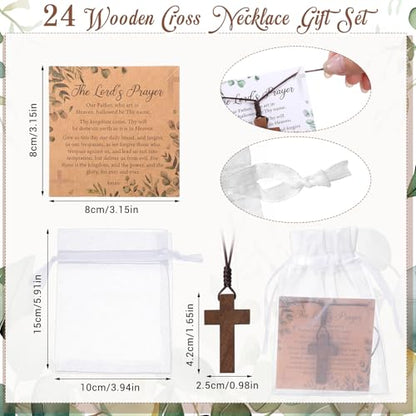 Ecation 24 Set Wooden Cross Necklace Bulk 24 Prayer Card 24 Organza Bag