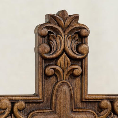 Handcrafted Wooden Wall Cross with Ornate Lily Flower Carved Design - size: 10"L x 7"W