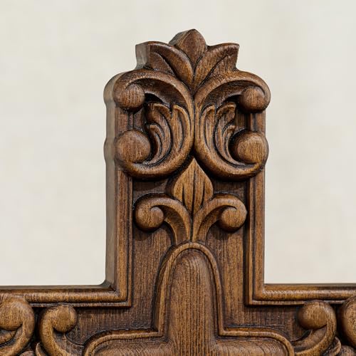 Handcrafted Wooden Wall Cross with Ornate Lily Flower Carved Design - size: 14"L x 10"W