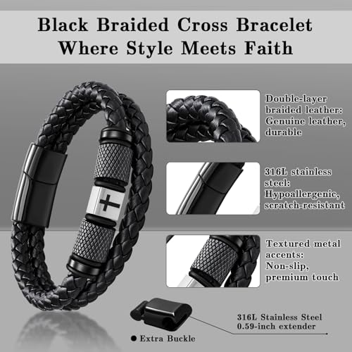 Leather Bracelet for Men, Viking & Christian Cross Jewelry Gift