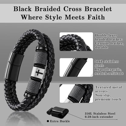 Leather Bracelet for Men, Viking & Christian Cross Jewelry Gift