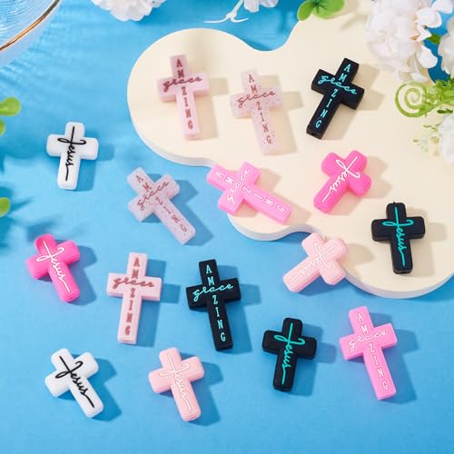 Beadthoven 16Pcs Cross Silicone Focal Beads for Pens Pink Black Cross Shaped Beads Faith Jesus Rubber Spacers for Keychain Making Bracelets Necklace DIY Crafting - color: Pink Black 8 Styles