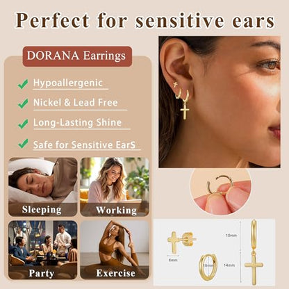 3Pairs Gold Cross Earrings for Women Hoops Huggie Earrings Stack Set - color: Gold-2