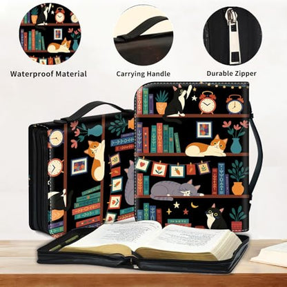 Bible Cover for Women Large PU Leather Zippered Bible Case with Handle and Cat Bookshelf Design, Christian Bible Bag for Girls & Women, Cover Fits Standard 9.5"x7.5"x2.3" Bible - color: Cat Bookshelf