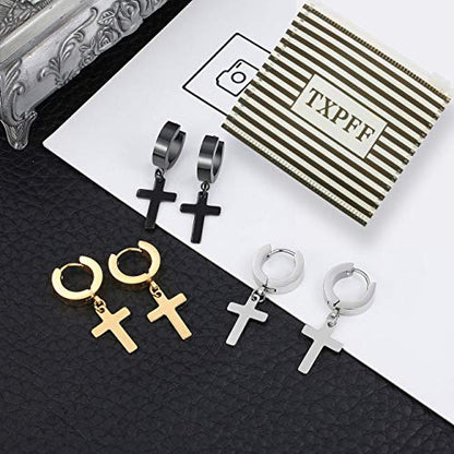 Men Women Stainless Steel Cross Earrings Set Dangle Hinged Earrings of Dangle Hinged Earrings Cross hoop Earrings - color: 3 Pairs Cross Earrings (Black+Silver+Gold) Small