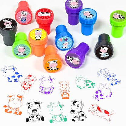 Cinrobiye 24 Pcs Cow Stampers Party Favor Set, Cute Farm Animal Stamps for Kids Birthday Party, Classroom Rewards, Farm Themed Party Supplies, Goody Bag Fillers, Barnyard Animal Toys - color: Cow