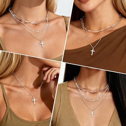 Poxtex Layered Gold Necklaces for Women, Stackable Dainty 14K Gold Silver Plated Trendy Simple Heart Diamond Cross Bow Circle Pendant Paperclip Choker Dot Chain Necklace,Jewelry Set Gifts for Women - color: Silver, style: Cross1