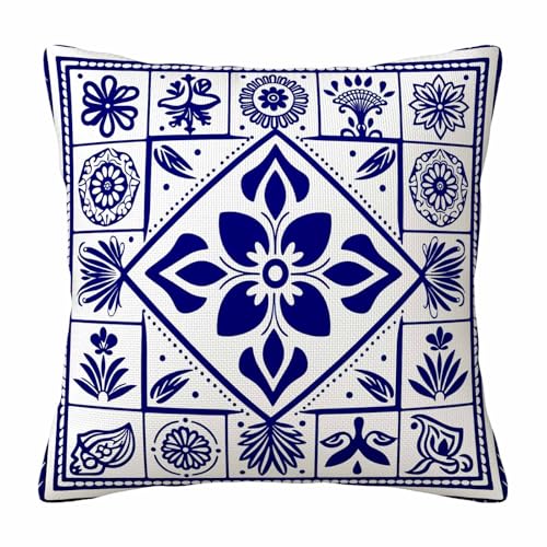 Traditional Mediterranean Tile Throw Pillow Cover,Blue and White Floral Tile Decorative Pillow Case,Boho Ethnic Geometric Cotton Linen Cushion Case for Home Decor 18 * 18 Inch - color: Settype05