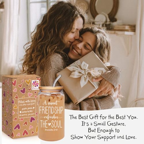 A Sweet Friendship Refreshes The Soul Christian Gifts for Women, Friendship Gifts for Women Sister Friends, Bible Verses Glass Cups Tumbler Cups W Lids Straws, Inspirational Religious Birthday Cup