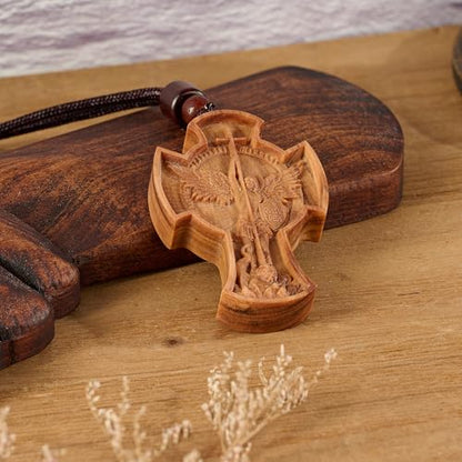 Wooden Archangel St. Michael Necklace, Carved Olive Wood, Wooden Religious Pendant Jewelry (Cross) - color: Cross