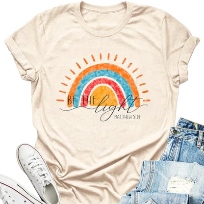 Christian Shirts for Women Be The Light Tshirts Crewneck Graphic Tees Tops - color: Beige2, size: Small