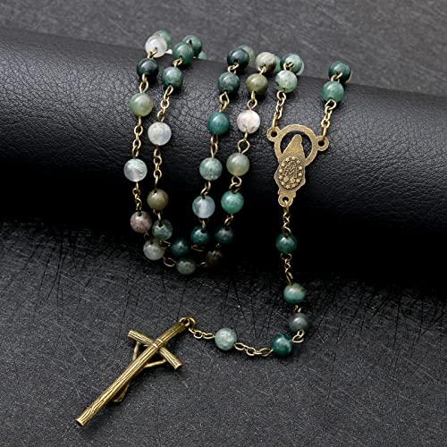 KOMI Rosary Beads Catholic for Women Gemstone Rosary Beads Necklace with Crucifix Cross Crystal Pearl Rosary Rosarios Catolicos Catholic Gifts - style: 6mm Agate Beads