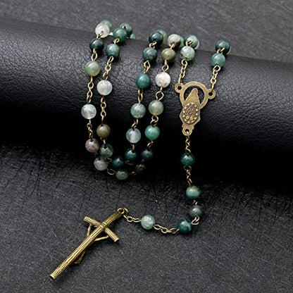 KOMI Rosary Beads Catholic for Women Gemstone Rosary Beads Necklace with Crucifix Cross Crystal Pearl Rosary Rosarios Catolicos Catholic Gifts - style: 6mm Agate Beads