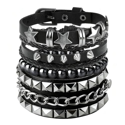 4 Pcs Leather Cuff Bracelets for Men with Spiked Cross Studded Stars Charms - color: Black-Stars Studs