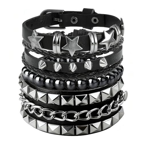 4 Pcs Leather Cuff Bracelets for Men with Spiked Cross Studded Stars Charms - color: Black-Stars Studs