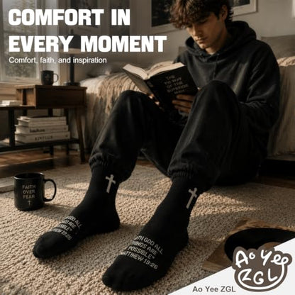 3 Pairs Unisex Cross Socks,Gifts for Christian: Easter Christmas - color: Matthew 19:26 - Black