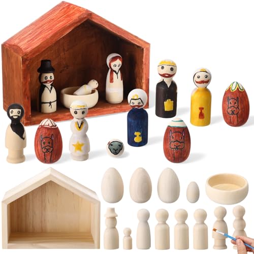 Threehoney DIY Christmas Nativity Wood Peg Dolls Unfinished Craft