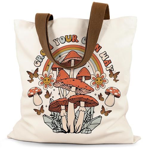 Canvas Tote Bag Aesthetic for Women, Cute Tote Bag with Zipper Pocket, Heavy Duty Reusable Shopping Bags for Grocery - color: 14-groovy Mushroom