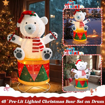 4 FT Lighted Christmas Drum Bear, Pre‑Lit Outdoor Yard Decor - size: 48''*31.5''
