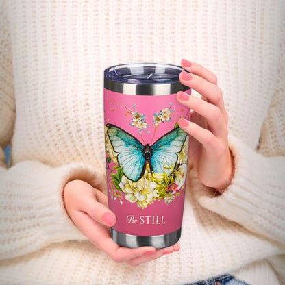Christian Art Gifts Stainless Steel Vacuum Insulated Travel Mug 18 oz - color: Pink/Be Still