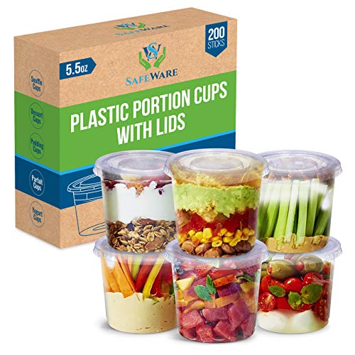 Disposable Portion Cups with Lids - 200 Set Disposable Clear Plastic, Ideal for Jello Shot, Condiment and Sauce Cups with Lids Restaurant quality Souffle Portion Container (5.5oz) - size: 5.5oz