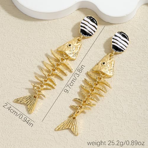 Creative Exaggerated Ocean Animal Drop Dangle Earrings for Women, Bohemia Style Alloy Lobster Octopus Fish Crab Earrings for Summer Beach Holiday Party Jewelry Gifts - style: Gold Fish Bone Earrings