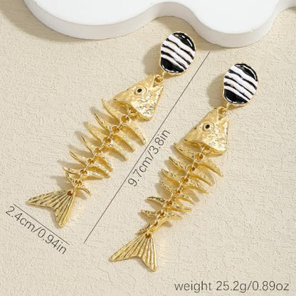 Creative Exaggerated Ocean Animal Drop Dangle Earrings for Women, Bohemia Style Alloy Lobster Octopus Fish Crab Earrings for Summer Beach Holiday Party Jewelry Gifts - style: Gold Fish Bone Earrings