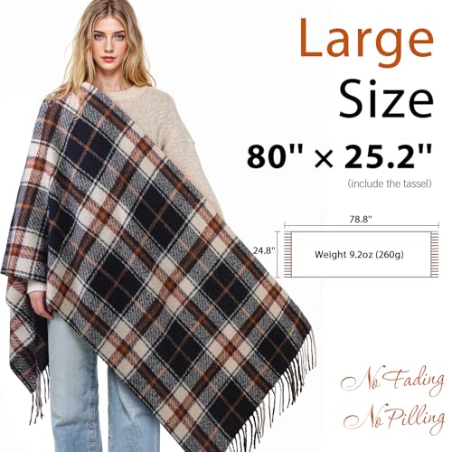 Clothirily Womens Winter Scarf, Oversized Long Blanket Plaid Shawl Wrap - color: Khaki & Black Plaid