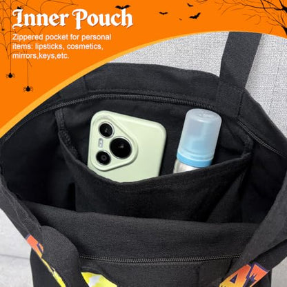 Canvas Tote Bag with Zipper, Halloween Trick or Treat Bags for Kids Bulk - color: [A0] Halloween - Black