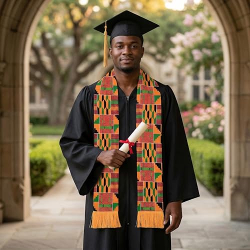 Kente Graduation Stole Class of 2026, 72 x 5.1 in African Print Sash with 3D Gold Embroidery and Gold Fringe - color: C2