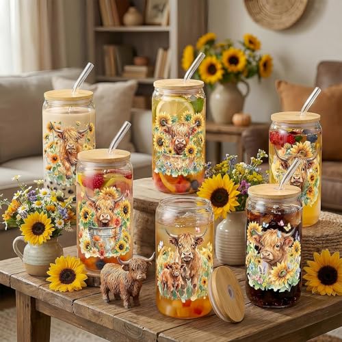 Glass Cups with Lids and Straws, 6Pack, 16oz, Sunflower Farmhouse - style: Highland Cow