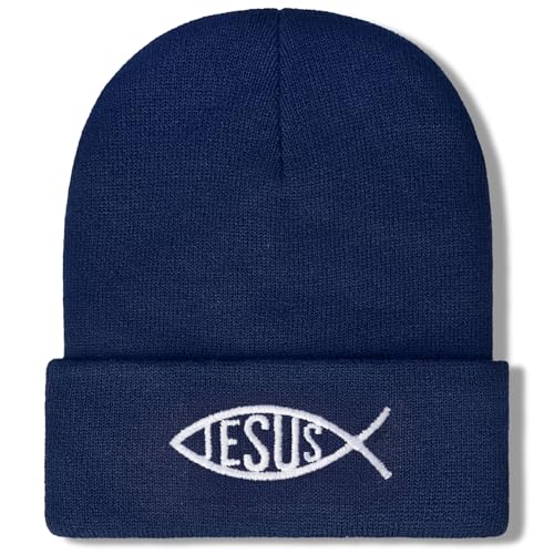 Christian Jesus Fish Beanie Hat for Men Women, Cuffed Beanie Jesus Hats, Religious Gifts for Christmas, New Years - color: Navy Blue, style: Jesus Fish