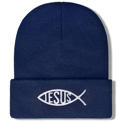 Christian Jesus Fish Beanie Hat for Men Women, Cuffed Beanie Jesus Hats, Religious Gifts for Christmas, New Years - color: Navy Blue, style: Jesus Fish