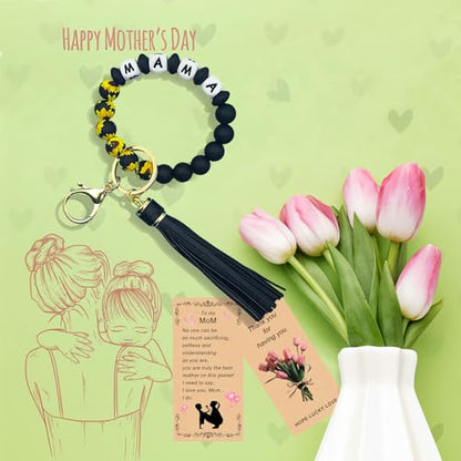 SHINYHARBOR Silicone Beaded Wristlet Keychain Bracelet,Key Wrist Keychains for Women Mom Teachers Best Friend - color: Mama-sunflower