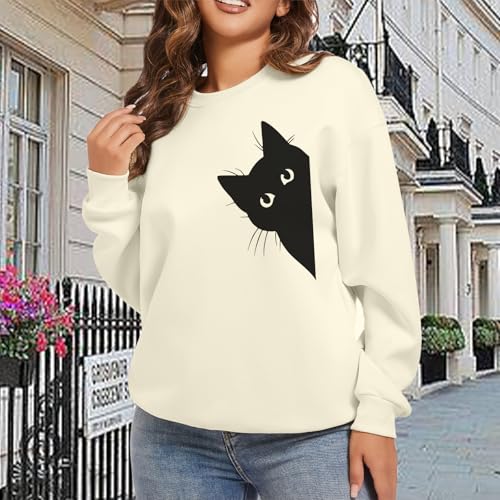 Cat Sweatshirts for Women Graphic Print Sweatshirt Funny Long Sleeve Shirt Cute Pullover Lightweight Hoodie Tops - color: Apricot, size: X-Large